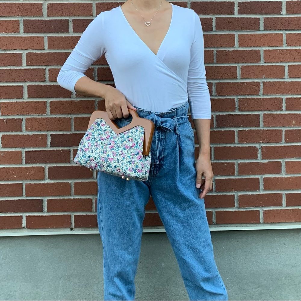 Handmade Large Genuine Printed Floral Leather Wooden Frame Bag with Small Purse - Picture 2 of 16